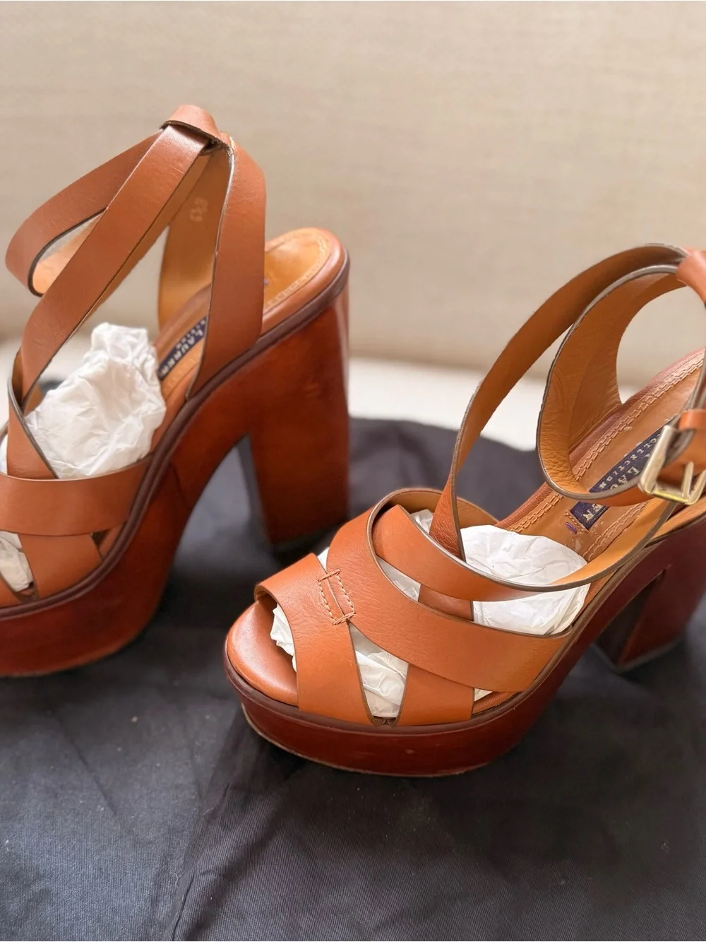 Ralph Lauren Collection Cognac Leather Strappy Platform Sandals